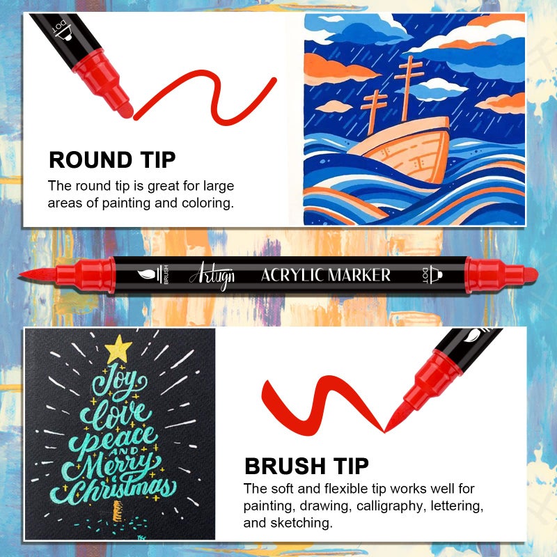 Artugn 36 Colors Acrylic Paint Pens, Dual Tip Pens With Medium Brush Tip, Paint Markers for Rock Painting, Ceramic, Wood, Plastic, Calligraphy, Scrapbooking, Brush Lettering, Card Making, DIY Crafts - Image 4