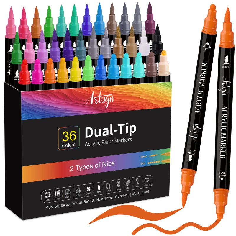 Artugn 36 Colors Acrylic Paint Pens, Dual Tip Pens With Medium Brush Tip, Paint Markers for Rock Painting, Ceramic, Wood, Plastic, Calligraphy, Scrapbooking, Brush Lettering, Card Making, DIY Crafts - Image 1