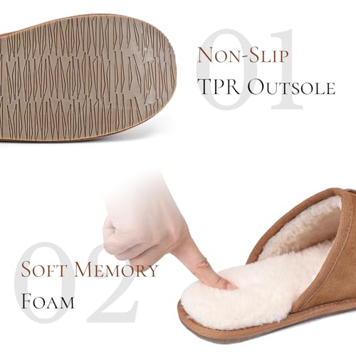 OOW Mens Slippers Genuine Suede House Slippers for Men Cozy Fuzzy Memory Foam Shoes Outdoor Non-Slip Fall Winter Footwear Chestnut Size 10 - Image 2