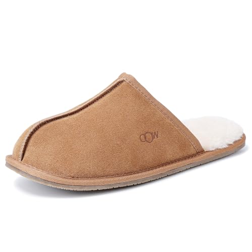 OOW Mens Slippers Genuine Suede House Slippers for Men Cozy Fuzzy Memory Foam Shoes Outdoor Non-Slip Fall Winter Footwear Chestnut Size 10 - Image 1