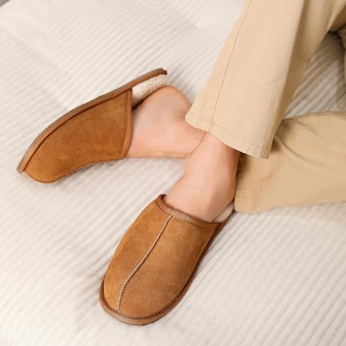 OOW Mens Slippers Genuine Suede House Slippers for Men Cozy Fuzzy Memory Foam Shoes Outdoor Non-Slip Fall Winter Footwear Chestnut Size 10 - Image 5