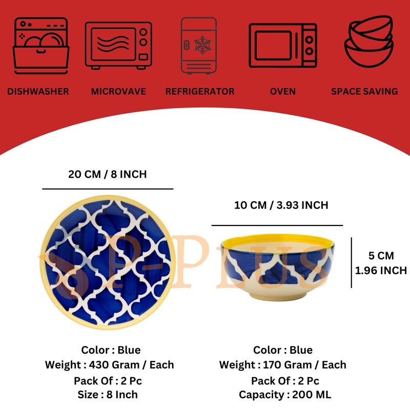 P Plus Fire Ceramic Dessert Plate and Cereal Bowl Set, Unbreakable Dinnerware Set for Party, Bpa Free, Set of 2 Plates (8 Inch) with Set of 2 Bowls (200 Ml 10 Cm), Dishwasher & Microwave Safe (Blue) - Image 2