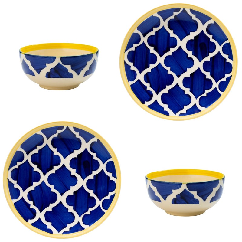 P Plus Fire Ceramic Dessert Plate and Cereal Bowl Set, Unbreakable Dinnerware Set for Party, Bpa Free, Set of 2 Plates (8 Inch) with Set of 2 Bowls (200 Ml 10 Cm), Dishwasher & Microwave Safe (Blue) - Image 1