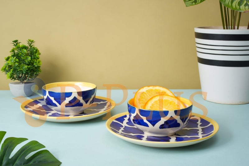 P Plus Fire Ceramic Dessert Plate and Cereal Bowl Set, Unbreakable Dinnerware Set for Party, Bpa Free, Set of 2 Plates (8 Inch) with Set of 2 Bowls (200 Ml 10 Cm), Dishwasher & Microwave Safe (Blue) - Image 3