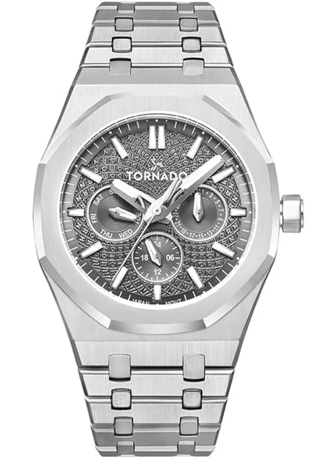 تورنيدو Tornado Aurora Men's Miyota 6P29 Movement Watch, Multi Function Display and Stainless Steel Brushed Bracelet Strap - T23104-SBSX, Silver