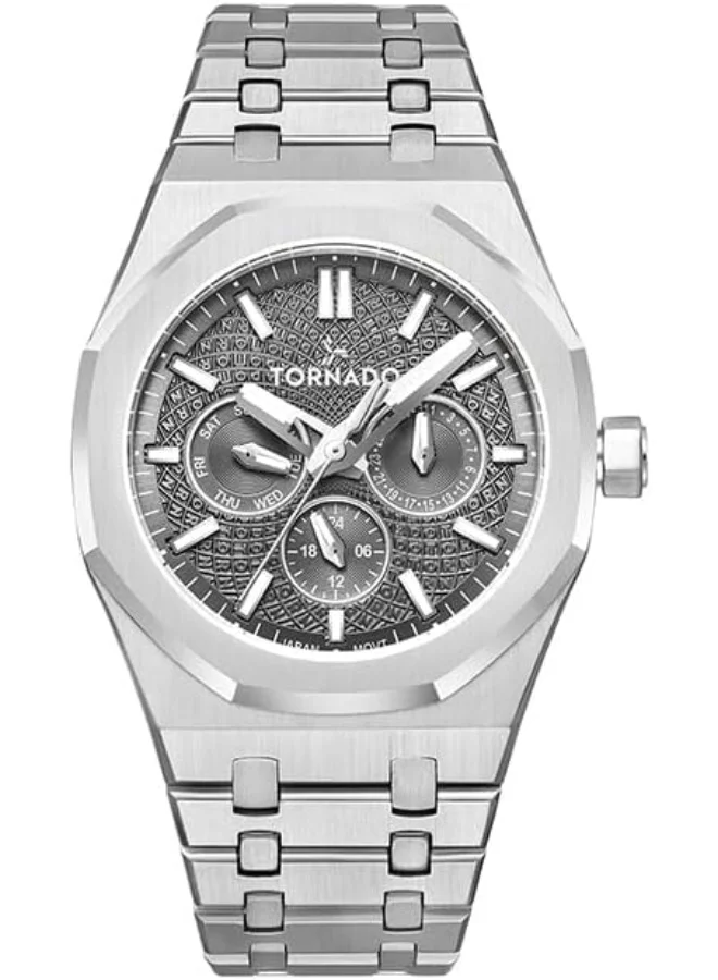 تورنيدو Tornado Aurora Men's Miyota 6P29 Movement Watch, Multi Function Display and Stainless Steel Brushed Bracelet Strap - T23104-SBSX, Silver