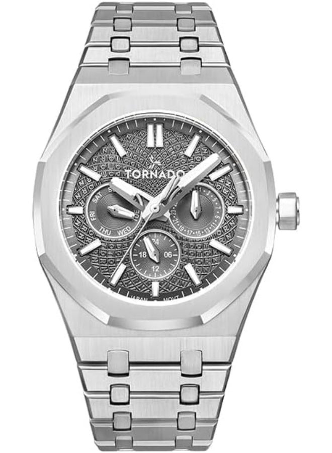 Tornado Aurora Men's Miyota 6P29 Movement Watch, Multi Function Display and Stainless Steel Brushed Bracelet Strap - T23104-SBSX, Silver - Image 2