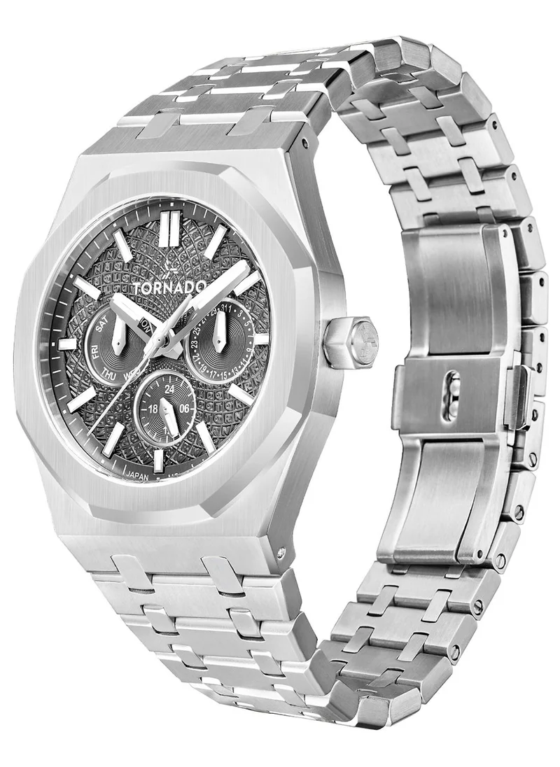 تورنيدو Tornado AURORA NOVA Men's Miyota 6P29 Movement Watch, Multi Function Display and High Quality Solid Stainless Steel Brushed Bracelet Strap - T23104-SBSX, Silver