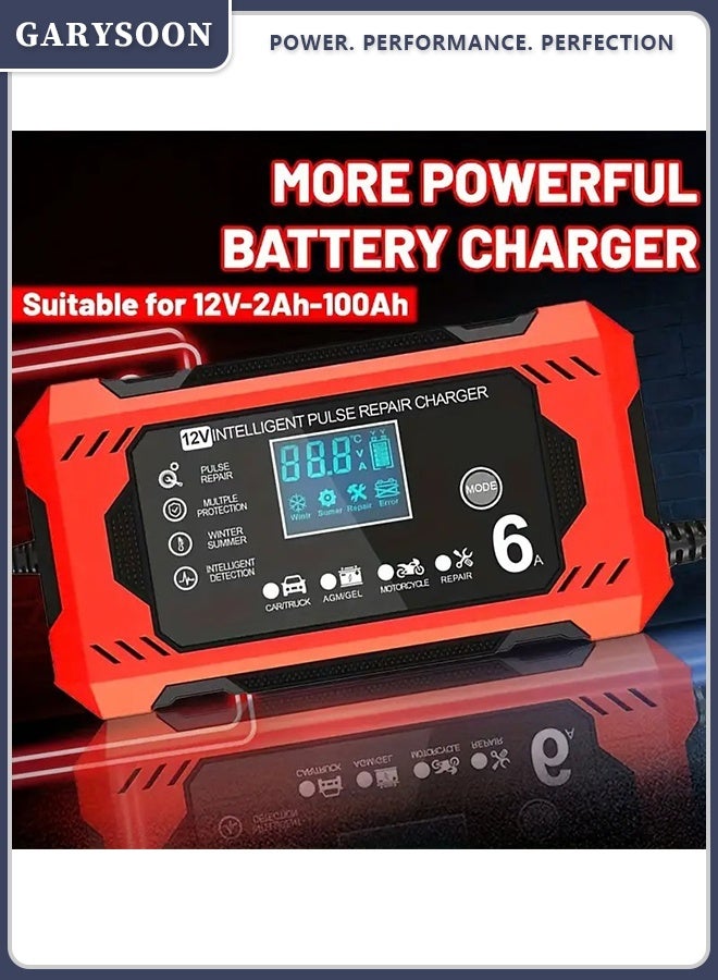 Garysoon 12V 6A Smart Battery Charger with LCD Display, 12V 6A Fast/Trickle Charger, Overcharge/Overheat/Short Circuit/Reverse Polarity, Automatic Switch Mode, Microprocessor Controlled, Compatible with AGM/GEL/SLA/Wet/EFB, 4-100Ah Capacity, UK Plug (110-240V) for Car, Truck, Motorcycle, Lawn Mower, Marine, RV, Boat, Solar Systems - Heavy-Duty Battery Charger, Car Charger, Smart Charger - Image 5