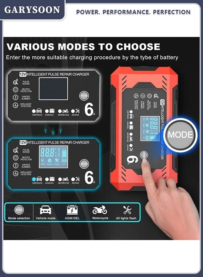 Garysoon 12V 6A Smart Battery Charger with LCD Display, 12V 6A Fast/Trickle Charger, Overcharge/Overheat/Short Circuit/Reverse Polarity, Automatic Switch Mode, Microprocessor Controlled, Compatible with AGM/GEL/SLA/Wet/EFB, 4-100Ah Capacity, UK Plug (110-240V) for Car, Truck, Motorcycle, Lawn Mower, Marine, RV, Boat, Solar Systems - Heavy-Duty Battery Charger, Car Charger, Smart Charger - Image 4
