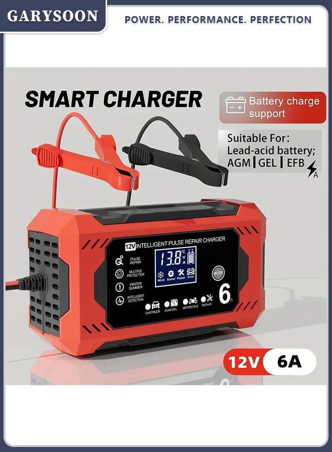 Garysoon 12V 6A Smart Battery Charger with LCD Display, 12V 6A Fast/Trickle Charger, Overcharge/Overheat/Short Circuit/Reverse Polarity, Automatic Switch Mode, Microprocessor Controlled, Compatible with AGM/GEL/SLA/Wet/EFB, 4-100Ah Capacity, UK Plug (110-240V) for Car, Truck, Motorcycle, Lawn Mower, Marine, RV, Boat, Solar Systems - Heavy-Duty Battery Charger, Car Charger, Smart Charger - Image 2