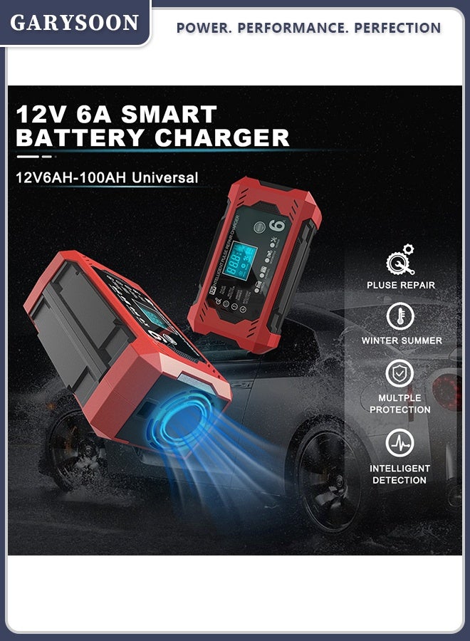 Garysoon 12V 6A Smart Battery Charger with LCD Display, 12V 6A Fast/Trickle Charger, Overcharge/Overheat/Short Circuit/Reverse Polarity, Automatic Switch Mode, Microprocessor Controlled, Compatible with AGM/GEL/SLA/Wet/EFB, 4-100Ah Capacity, UK Plug (110-240V) for Car, Truck, Motorcycle, Lawn Mower, Marine, RV, Boat, Solar Systems - Heavy-Duty Battery Charger, Car Charger, Smart Charger - Image 1