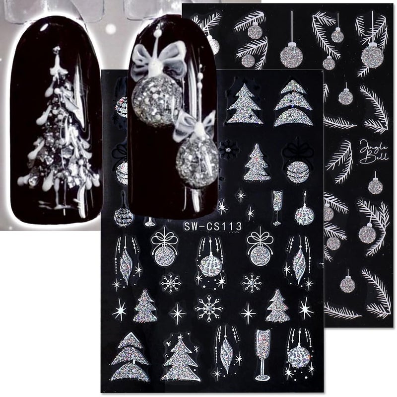 Dornail 4 Sheets Christmas Nail Stickers,Glitter Xmas Tree Nail Art Stickers Silver Jingle Bell Pine Leaf Nail Decals 3D Snowflakes Star Nail Sticker for Women Nail Decorations Nail Supplies Nail Art