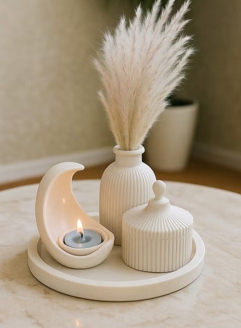 White Decorative Set (5 Pieces) – Vase + Lidded Jar + Crescent Candle Holder
