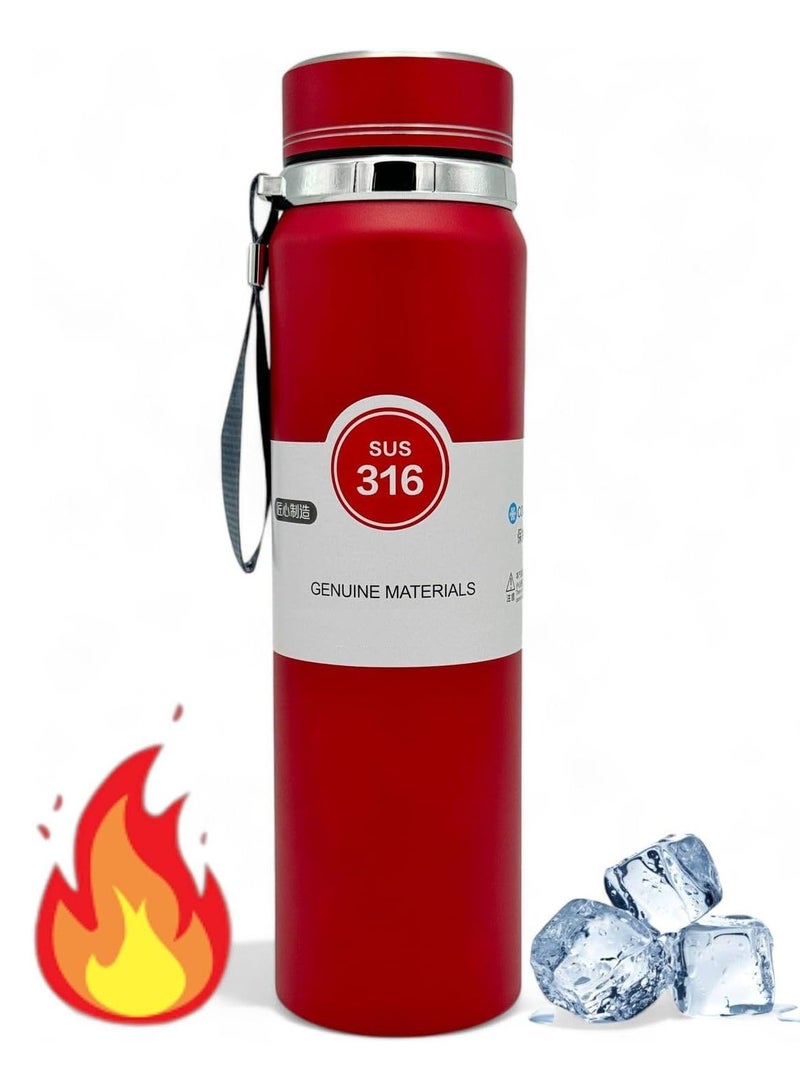 زجاجة مياه حرارية ترمس حراري مزدوجة العزل من فولاذ مقاوم الصدأ سعة 1000 ملليلتر مشروبات بارد ومشروبات ساخنة ترمس حراري رياضي مانع للتسرب احمر