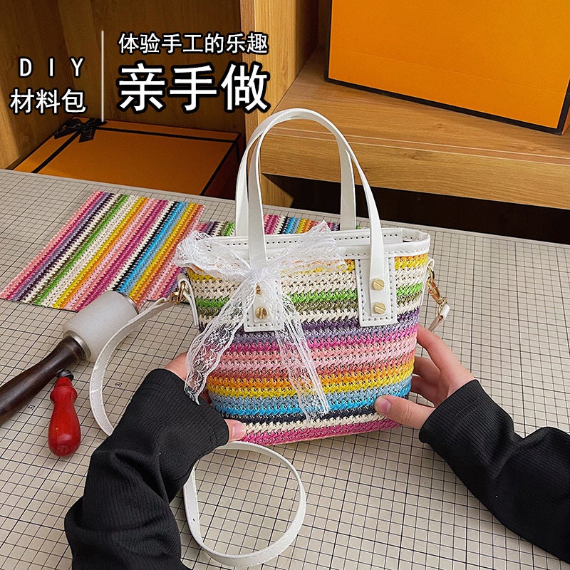 Summer Contrasting Color Small Bag Women'S Seaside Beach Vacation Straw Bag Crossbody Portable Diy Woven Material Bag Homemade - Image 1