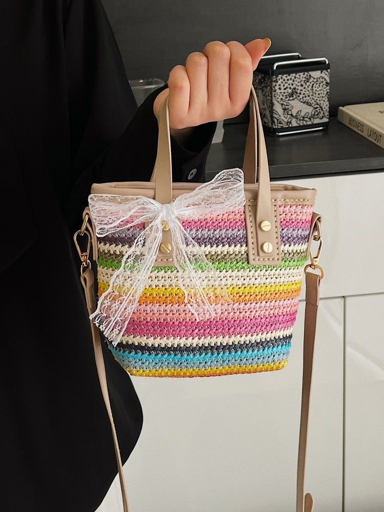 Summer Contrasting Color Small Bag Women'S Seaside Beach Vacation Straw Bag Crossbody Portable Diy Woven Material Bag Homemade - Image 4