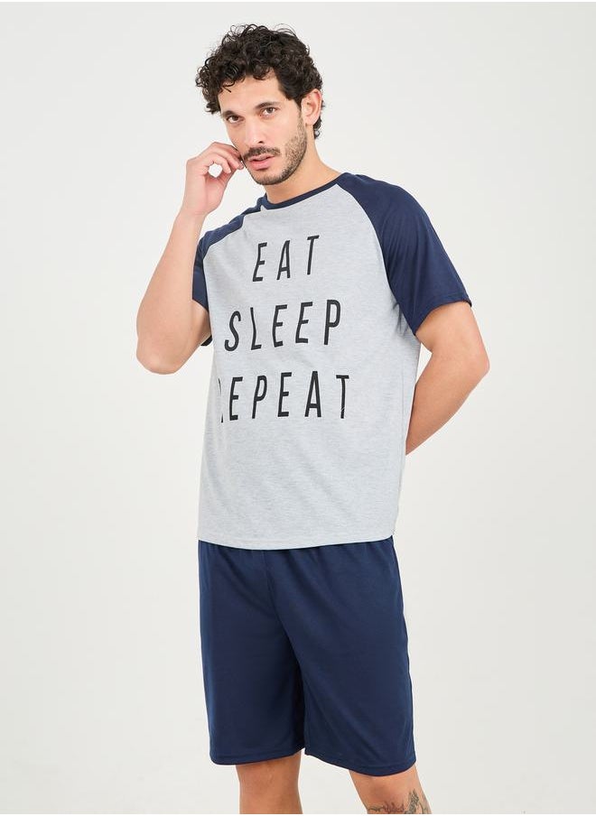 Styli - Eat Sleep Repeat Print Crew Neck T-shirt and Short Set - Image 1