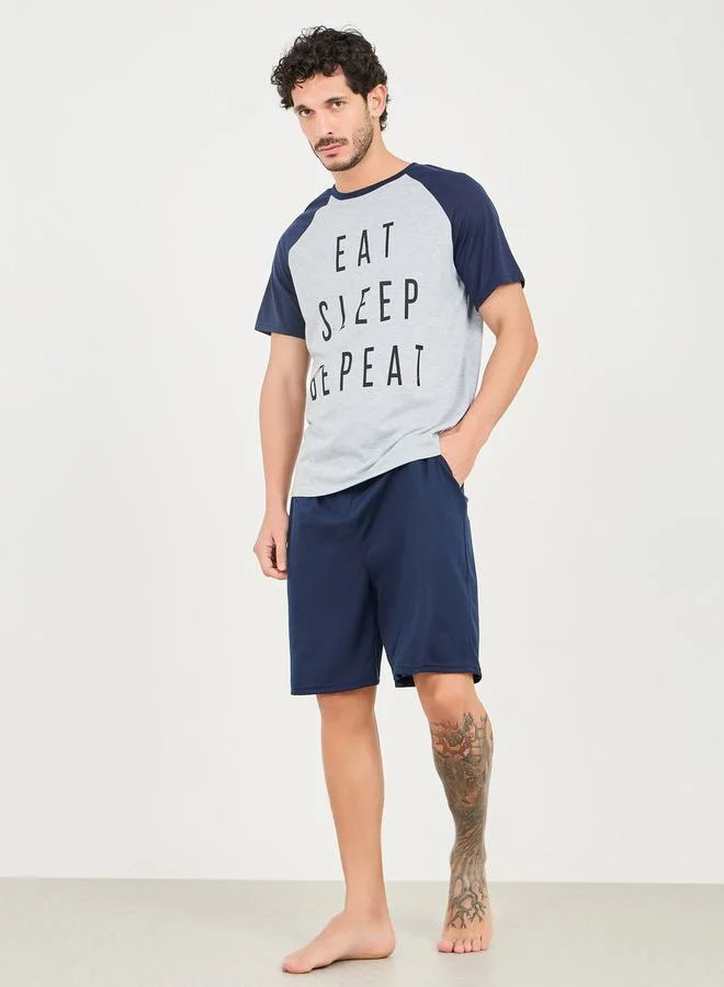 Styli Eat Sleep Repeat Print Crew Neck T-shirt and Short Set