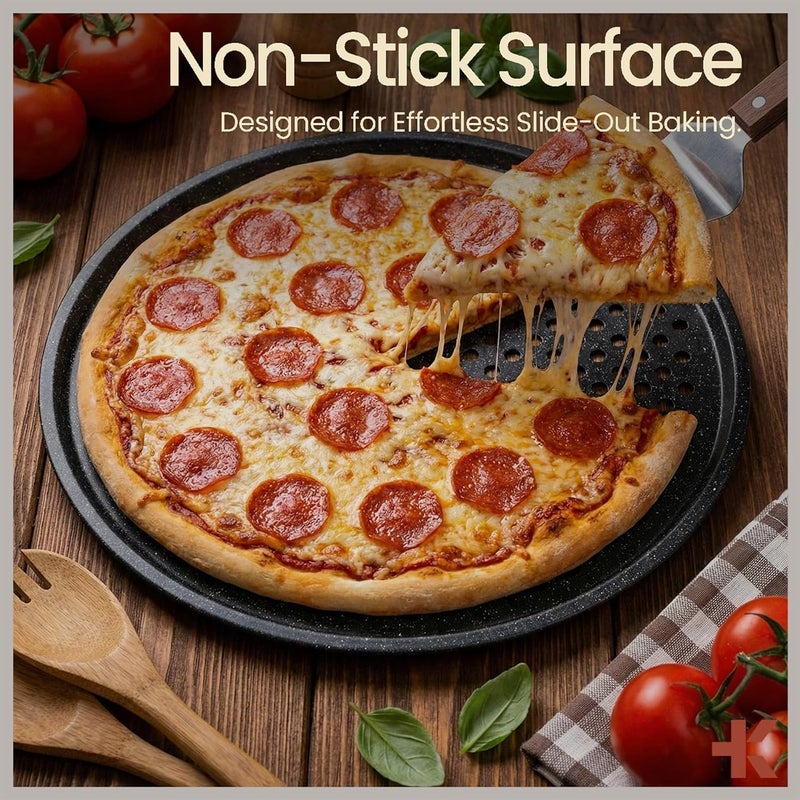 BAKKENMASTER Non-Stick Pizza Pan with Holes - 13-Inch Perforated Pizza Crisper Carbon Steel Pizza Pan - 1 Round Pizza Trays PFOA PFOS and PTFE Free - Image 3