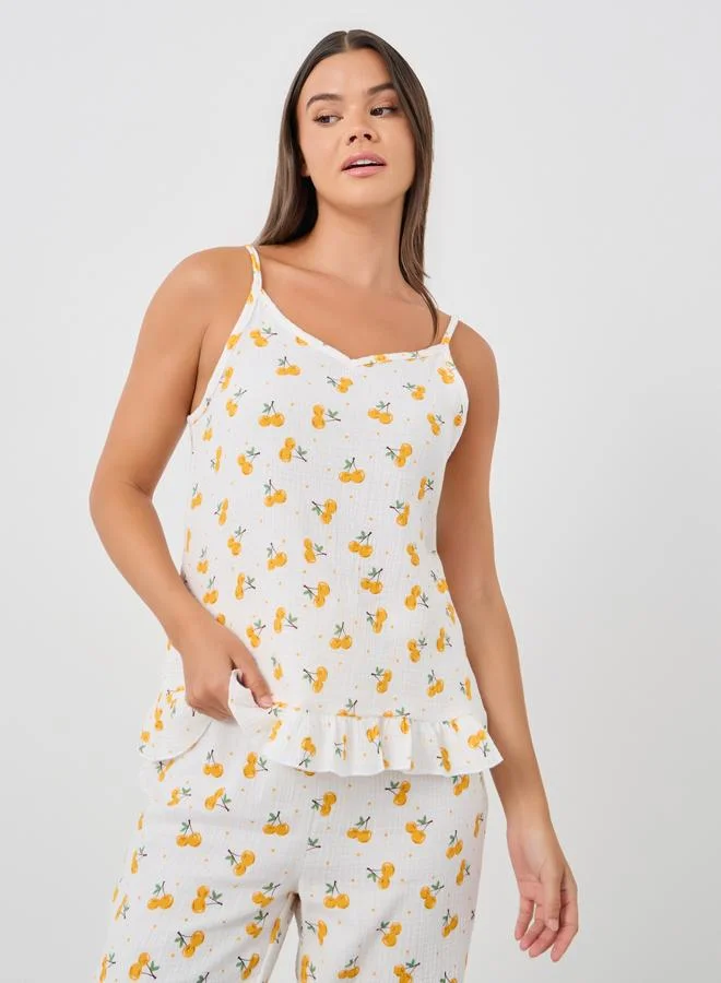 Styli Styli All-Over Cherry Print Cotton Gauze Ruffle Hem Cami and Pyjama Set