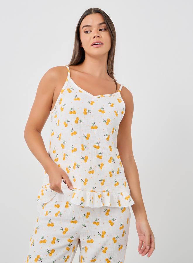 Styli All-Over Cherry Print Cotton Gauze Ruffle Hem Cami and Pyjama Set - Image 3