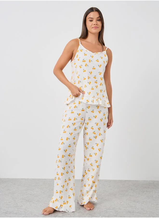 ستايلي Styli All-Over Cherry Print Cotton Gauze Ruffle Hem Cami and Pyjama Set