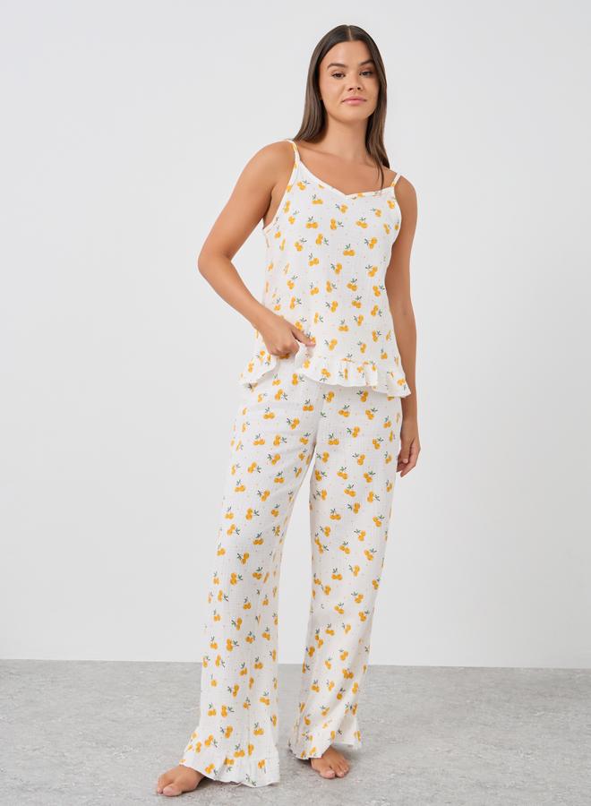 Styli All-Over Cherry Print Cotton Gauze Ruffle Hem Cami and Pyjama Set - Image 2