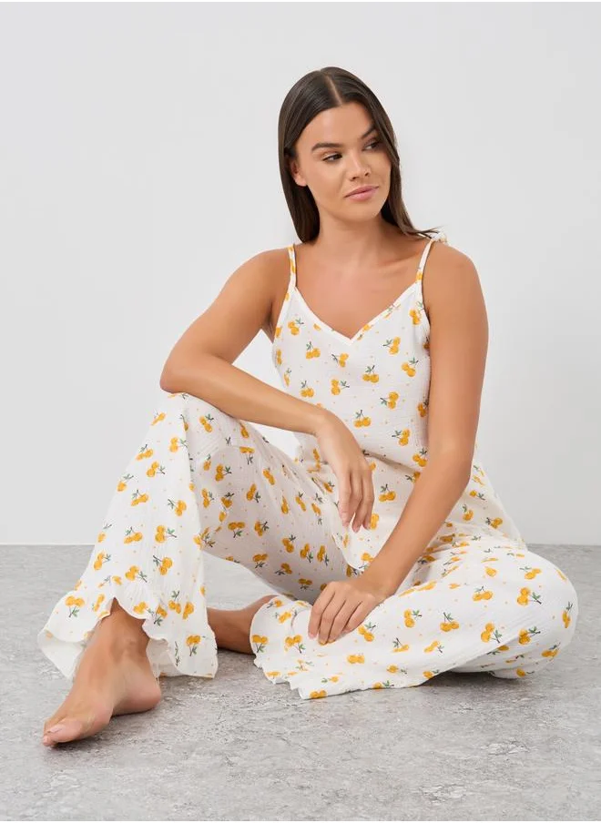 ستايلي Styli All-Over Cherry Print Cotton Gauze Ruffle Hem Cami and Pyjama Set