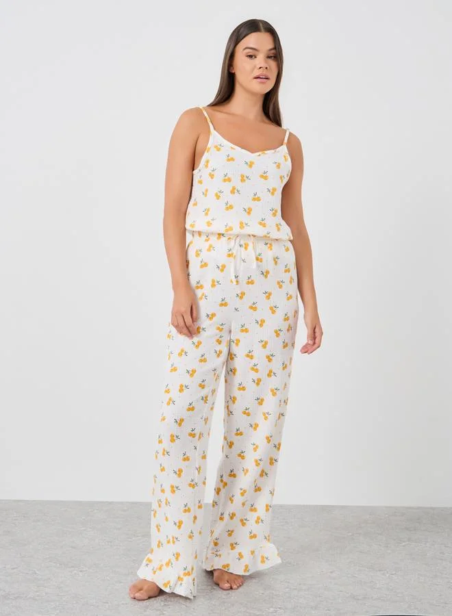 Styli Styli All-Over Cherry Print Cotton Gauze Ruffle Hem Cami and Pyjama Set