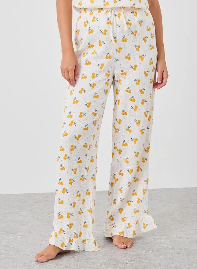 Styli Styli All-Over Cherry Print Cotton Gauze Ruffle Hem Cami and Pyjama Set