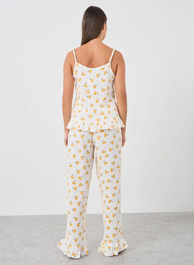Styli Styli All-Over Cherry Print Cotton Gauze Ruffle Hem Cami and Pyjama Set