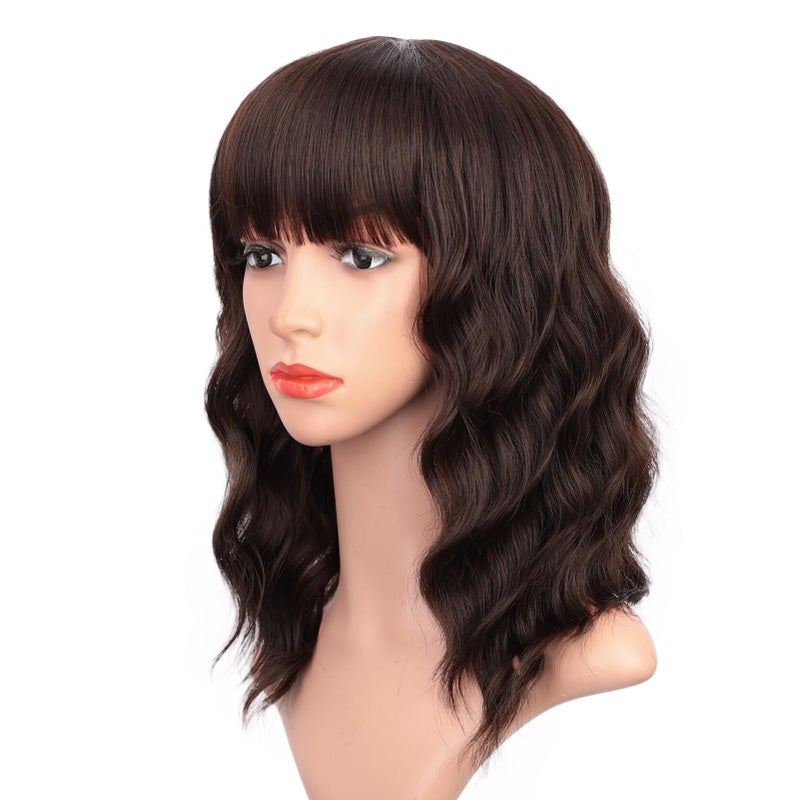 ENTRANCED STYLES Short Dark Brown Wigs for Women Wavy Bob Wig with Bangs Women's Shoulder Length Synthetic Curly Pastel Bob Wig for Girl Colorful Cosplay Wigs - Image 1