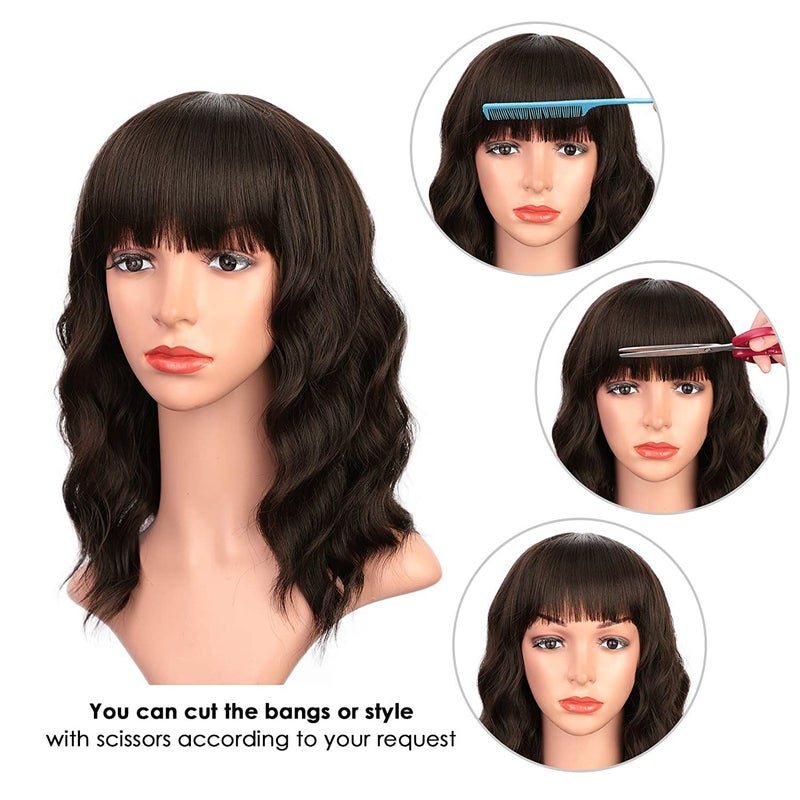 ENTRANCED STYLES Short Dark Brown Wigs for Women Wavy Bob Wig with Bangs Women's Shoulder Length Synthetic Curly Pastel Bob Wig for Girl Colorful Cosplay Wigs - Image 4