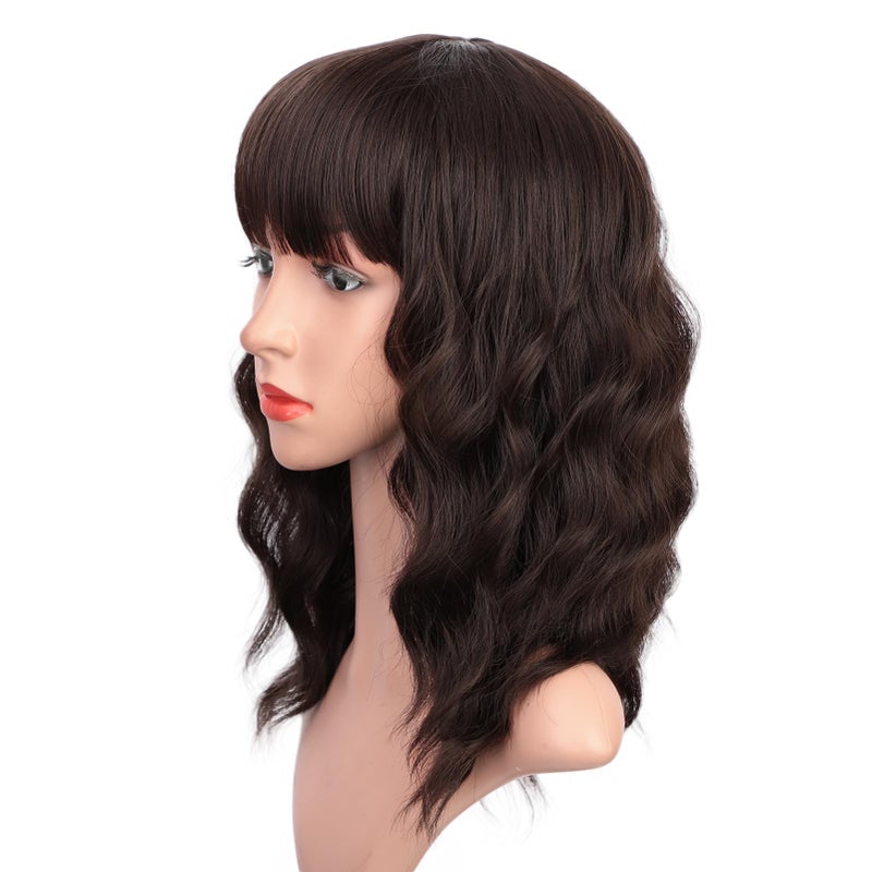 ENTRANCED STYLES Short Dark Brown Wigs for Women Wavy Bob Wig with Bangs Women's Shoulder Length Synthetic Curly Pastel Bob Wig for Girl Colorful Cosplay Wigs - Image 2