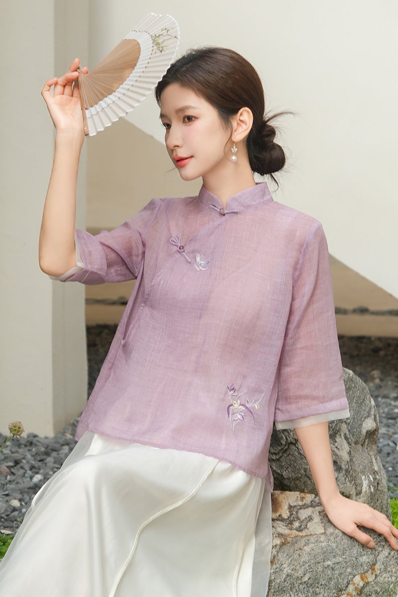 Spring Summer Embroidered Hanfu Shirt for Women Purple