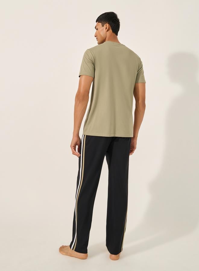 Styli Solid Round Neck T-Shirt and Striped Pyjama Set - Image 4