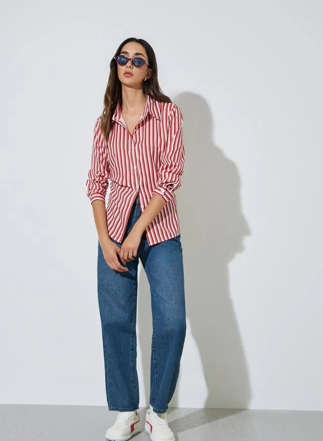 ستايلي Red Striped Long Sleeve Longline Shirt