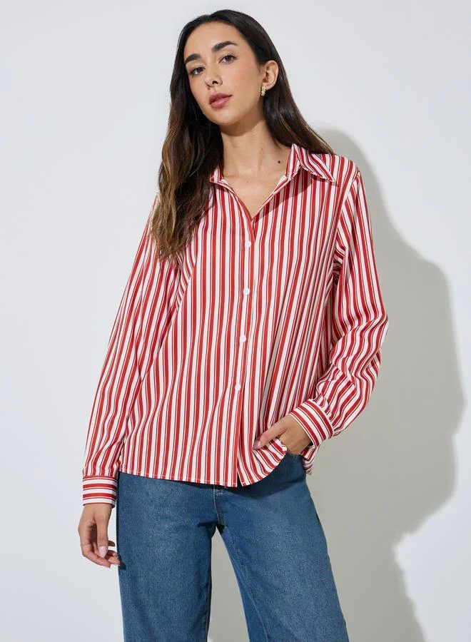ستايلي Red Striped Long Sleeve Longline Shirt