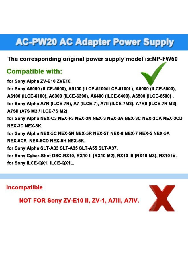 TKDY AC-PW20 AC Power Adapter Supply and Fully Decoded DC Coupler kit Replacement for NP-FW50 Battery Sony Alpha Sony a3000, a5000, NEX-5, NEX-5A, NEX-5C, NEX-5H, NEX-5K, NEX-3, NEX-3A. - Image 2