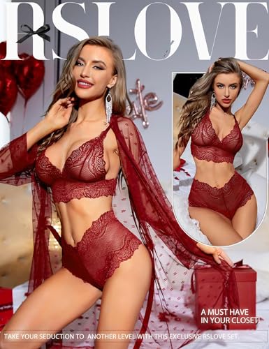 RSLOVE Women Sexy Lingerie Set 3 Piece Lace Kimono Robe with Bra and Panty Sheer Sleepwear Wine Red L - Image 2
