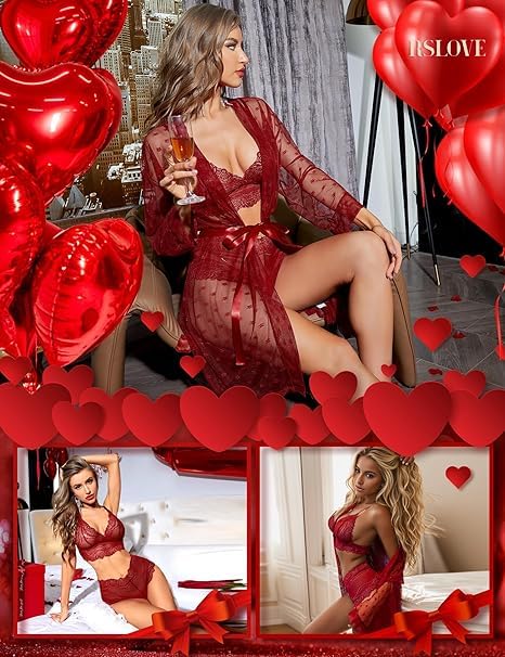 RSLOVE Women Sexy Lingerie Set 3 Piece Lace Kimono Robe with Bra and Panty Sheer Sleepwear Wine Red L - Image 4