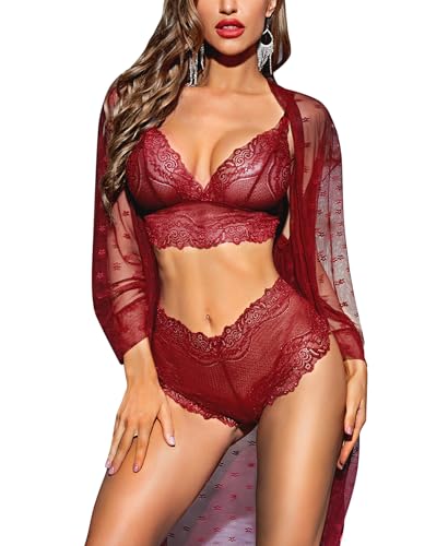 RSLOVE Women Sexy Lingerie Set 3 Piece Lace Kimono Robe with Bra and Panty Sheer Sleepwear Wine Red L - Image 1
