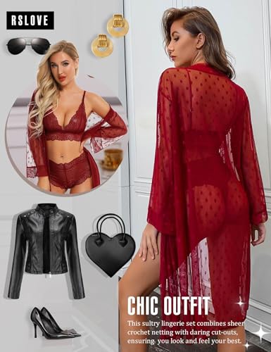 RSLOVE Women Sexy Lingerie Set 3 Piece Lace Kimono Robe with Bra and Panty Sheer Sleepwear Wine Red L - Image 5