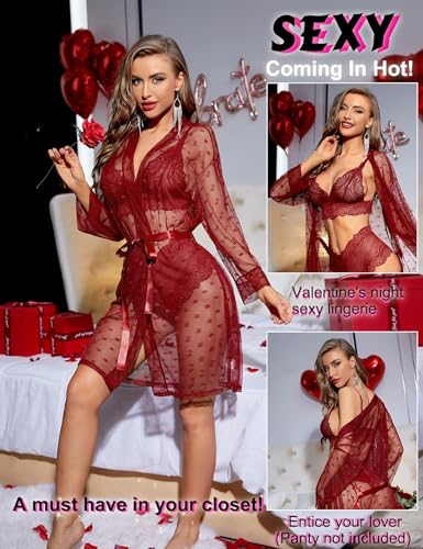 RSLOVE Women Sexy Lingerie Set 3 Piece Lace Kimono Robe with Bra and Panty Sheer Sleepwear Wine Red L - Image 3