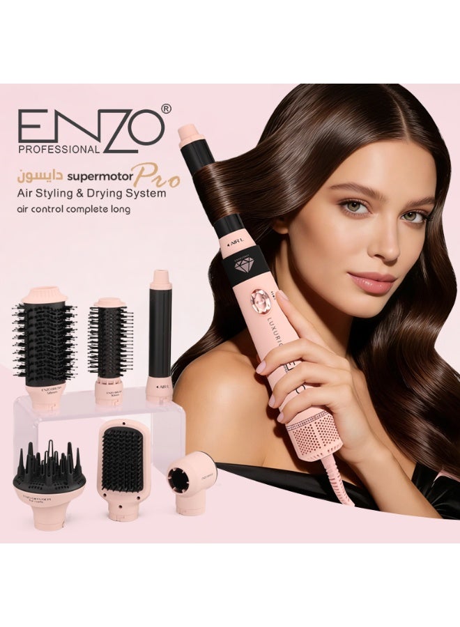 ENZO Professional 7-in-1 Hair Dryer Set - Styler with Hot Air Brush, Curler, Straightener Comb, Volumising Brush & Smoothing Attachments | Ionic Hair Styling Tool with Adjustable Heat | 2 Speed Settings for Frizz-Free Smooth Shiny Salon Quality Hair at Home - Image 1