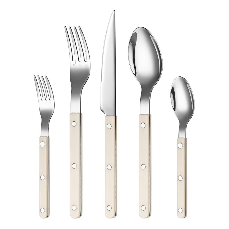 Khen Cutlery Set of 20, 18/8 Stainless Steel Flatware, Modern Silverware for Home, Kitchen, Dining & Table Setting for 4 â€“ Stainless Steel, Dishwasher Safe, Lightweight & Ergonomic Design Gift - Cream - Image 1