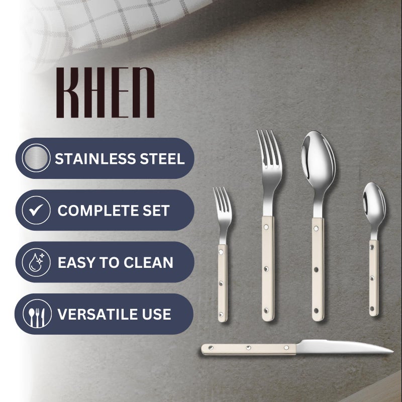 Khen Cutlery Set of 20, 18/8 Stainless Steel Flatware, Modern Silverware for Home, Kitchen, Dining & Table Setting for 4 â€“ Stainless Steel, Dishwasher Safe, Lightweight & Ergonomic Design Gift - Cream - Image 5