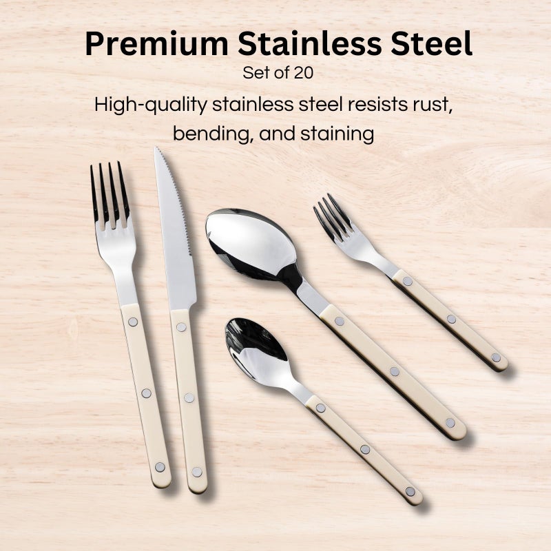 Khen Cutlery Set of 20, 18/8 Stainless Steel Flatware, Modern Silverware for Home, Kitchen, Dining & Table Setting for 4 â€“ Stainless Steel, Dishwasher Safe, Lightweight & Ergonomic Design Gift - Cream - Image 4