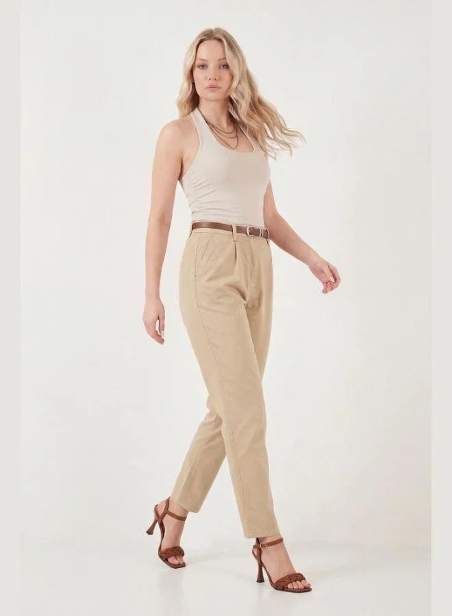 ليلا Lela Stretch Cotton Regular Fit High Waist Straight Leg Short Trousers with Belt for Women PANTS 668YP5335